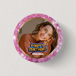 Rosa und Gold Glitter-Foto-Name 16. Geburtstag Button