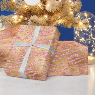 Rosa und Gold Glitter Glam Tiger Streifen Muster Geschenkpapier