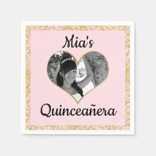 Rosa und Gold Glitter Herz Foto Personalized Serviette