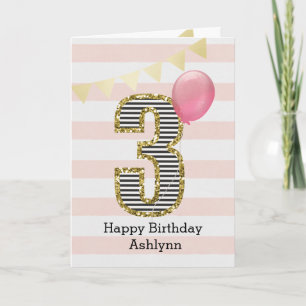 Rosa und Gold Glitzer 3. Geburtstag Mädchen Karte