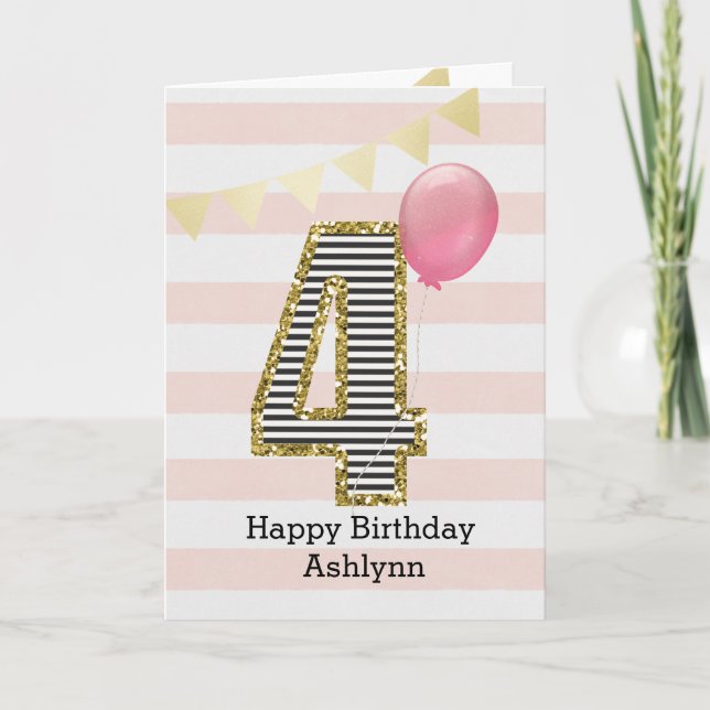 Rosa und Gold Glitzer 4. Geburtstag Karte (Vorderseite)