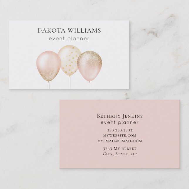 Rosa und Gold Glitzer Balloons Business Card Visitenkarte (Vorne/Hinten)
