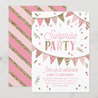 Rosa und Gold Glitzer Banner Überraschung Party Einladung