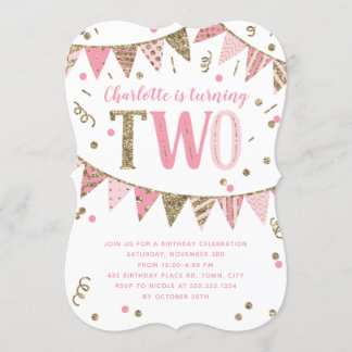 Rosa und Gold Glitzer Banner Zweite Geburtstagspar Einladung