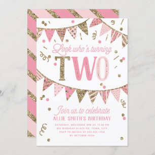 Rosa und Gold Glitzer Banner Zweite Geburtstagspar Einladung