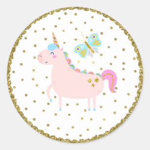 Rosa und Gold Glitzer Einhorn Mädchen Geburtstagsf Runder Aufkleber