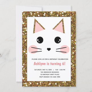 Rosa und Gold Glitzer Kitty Cat Geburtstag Einladung