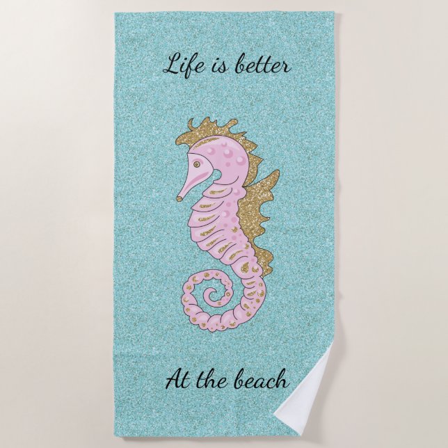 Rosa und Gold Glitzer Seepferd Beach Handtuch (Vorderseite)