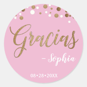 Rosa und Gold Konfetti Gracias Danke Geburtstag Runder Aufkleber