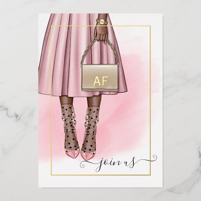 Rosa und Gold Monogram Chic Quinceañera Folieneinladung (Vorderseite)