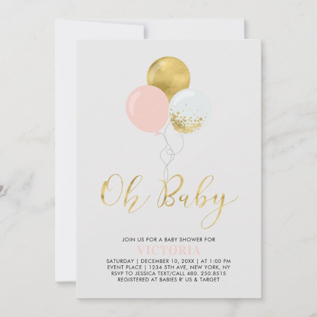 Rosa und Gold | Oh Baby Girl Baby Dusche Einladung (Vorderseite)