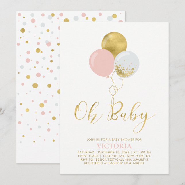 Rosa und Gold | Oh Baby Girl Baby Dusche Einladung (Vorne/Hinten)