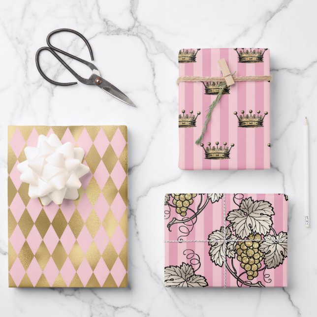 Rosa und Gold - Paris Geschenkpapier Set (Vorderseite)