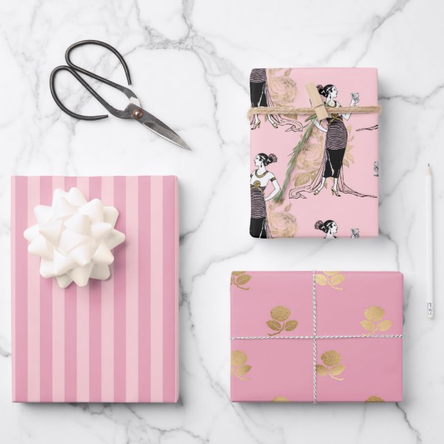 Rosa und Gold - Paris Geschenkpapier Set (Vorderseite)
