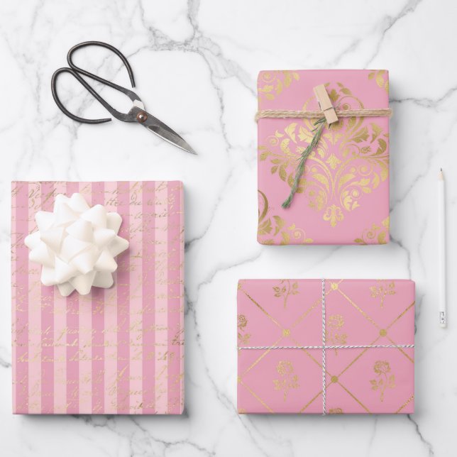 Rosa und Gold - Paris Geschenkpapier Set (Vorderseite)