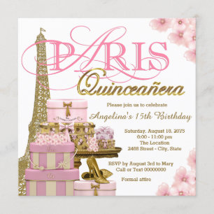 Rosa und Gold Paris Quinceanera Einladung