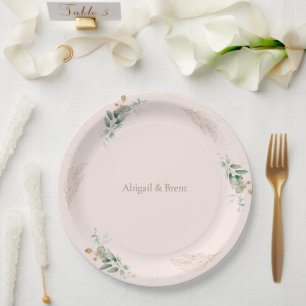 Rosa und Gold personalisiertes Blattwerk Hochzeit Pappteller