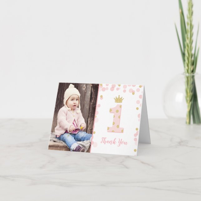Rosa und Gold Prinzessin 1. Geburtstag Dankeschön  Dankeskarte (Vorderseite)