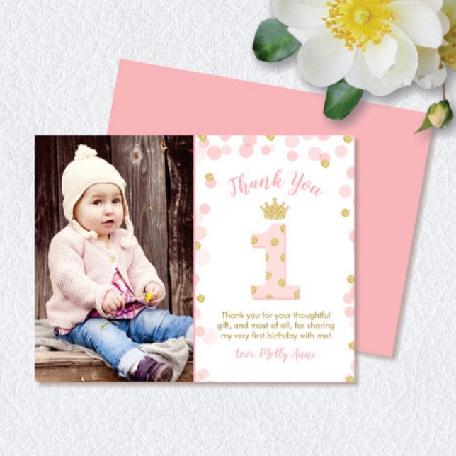 Rosa und Gold Prinzessin 1. Geburtstag Dankeschön  Einladung (Princess Pink & Gold Glitter 1st Birthday Thank You Note Card)