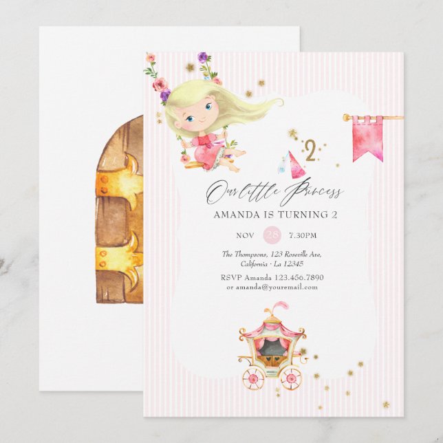 Rosa und Gold Prinzessin 2. Party Einladung (Vorne/Hinten)
