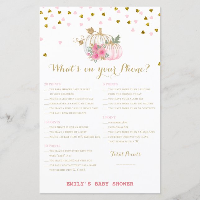 Rosa und Gold Pumpkin Baby Duschgame (Vorderseite)