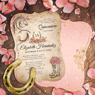 Rosa und Gold Quinceanera Rustikales Pferd Geburts Einladung