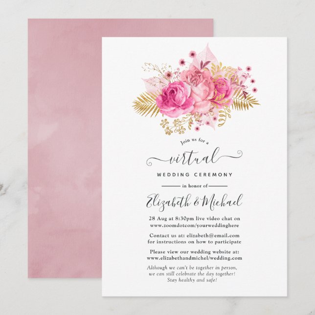 Rosa und Gold Rose Online Virtual Wedding Einladung (Vorne/Hinten)