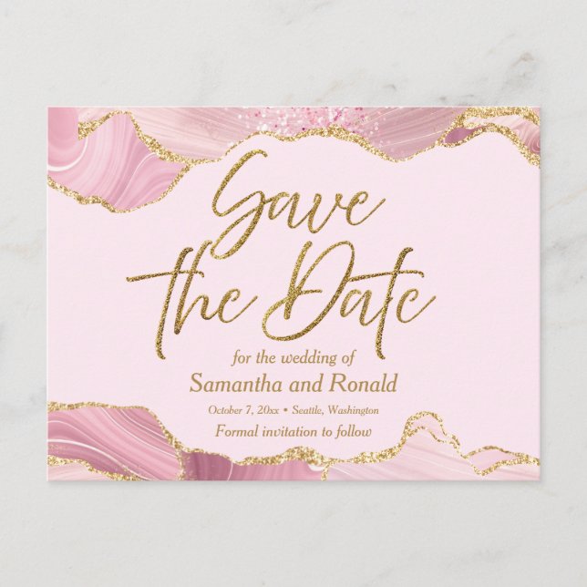 Rosa und Gold Save the Date Ankündigungspostkarte (Vorderseite)