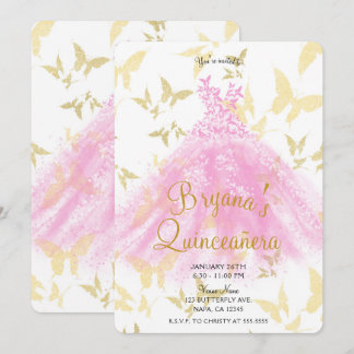 Rosa und Gold Schmetterling Dress Quinceañera Einladung