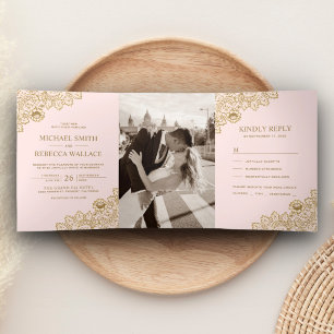 Rosa und Gold-Spitze Hochzeitsfoto Dreifach Gefaltete Einladung