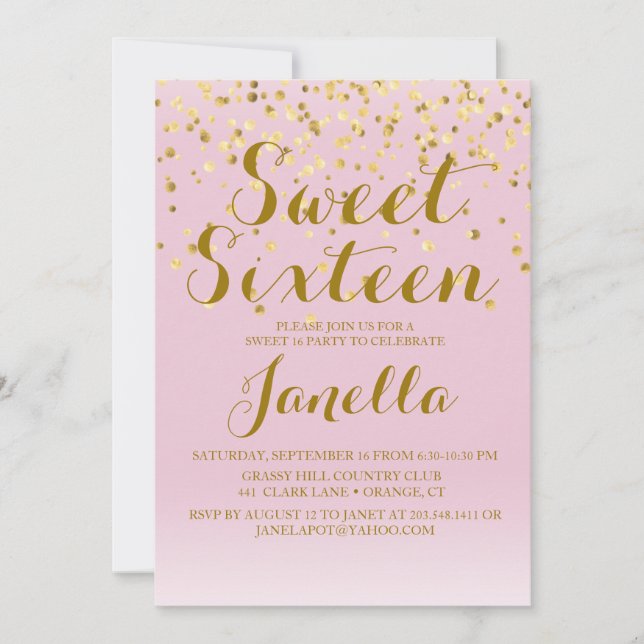 Rosa und Gold Sweet 16 Einladung (Vorderseite)