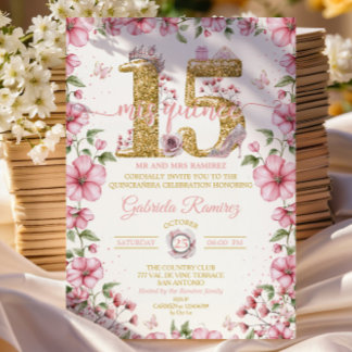 Rosa und Gold Tiara Mis Quince Quinceañera Einladung