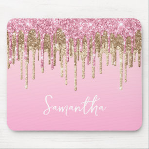 Rosa und Gold tropfender Glitter Glam Name Mousepad