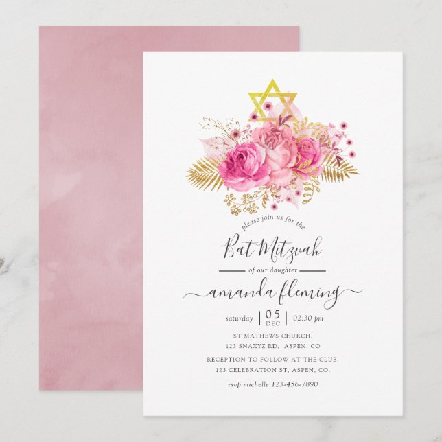 Rosa und Gold tropische Bat Mitzvah Einladung (Vorne/Hinten)