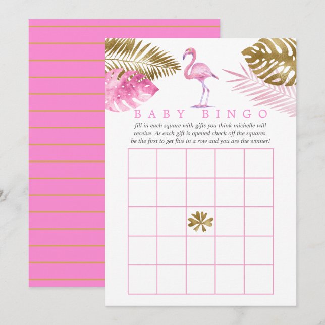 Rosa und Gold tropische Flamingo Baby Dusche Bingo Einladung (Vorne/Hinten)