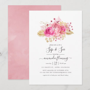 Rosa und Gold tropisches Blumen-Sip-and-See-Einlad Einladung