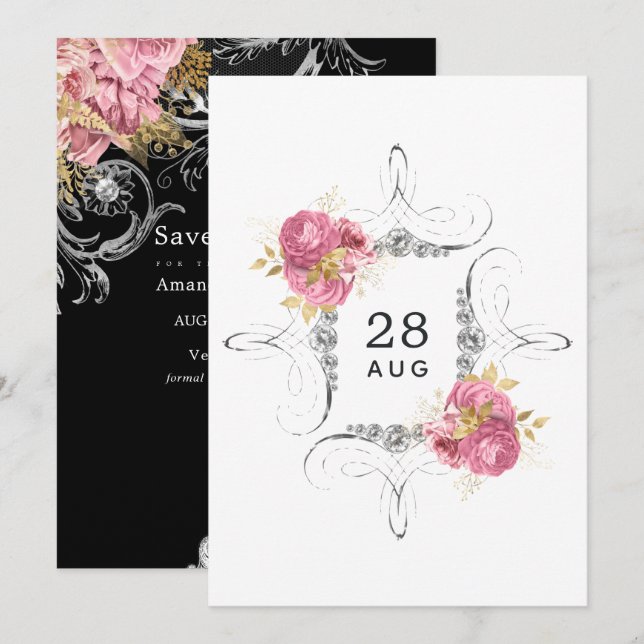 Rosa und Gold und Silberblumen Diamant Wedding SA Save The Date (Vorne/Hinten)
