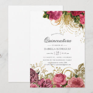 Rosa und Gold Vintage Floral Quinceañera Einladung
