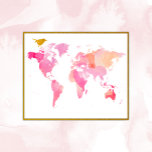 Rosa und Gold Watercolor Weltkarte Poster<br><div class="desc">Pink and Gold World Map Poster mit einer Weltkarte in rosa Aquarellen und einem niedlichen Goldvogel. Perfekt für die Girly Girl,  die Lieben,  die Welt zu reisen und es zu ihrer Auster zu machen.</div>