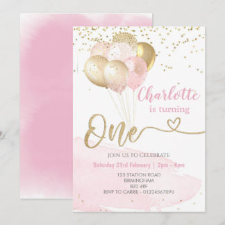 Rosa und Goldballons, Party zum Geburtstag Einladung