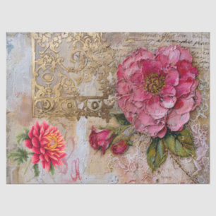 Rosa und goldbedrückte Vintage Blumendekoupage Seidenpapier