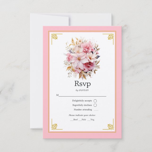 Rosa- und Goldblumenhochzeit RSVP Karte (Vorderseite)