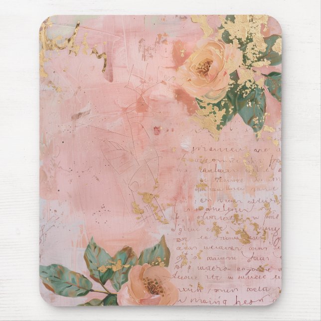 Rosa und Goldene Abstrakte Blumenkunst Mousepad (Vorne)