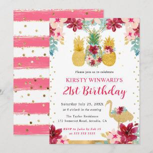 Rosa und goldene Ananas & Flamingo 21. Geburtstag Einladung