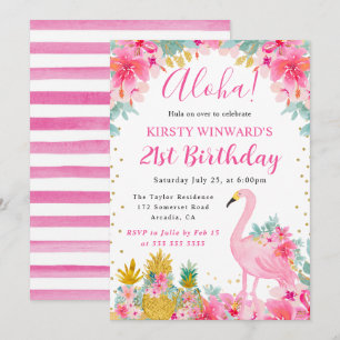 Rosa und Goldene Ananas & Flamingo 21. Geburtstag Einladung