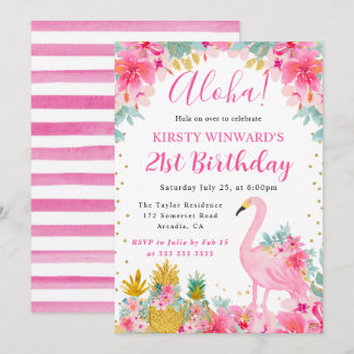 Rosa und goldene Ananas & Flamingo 21. Geburtstag Einladung