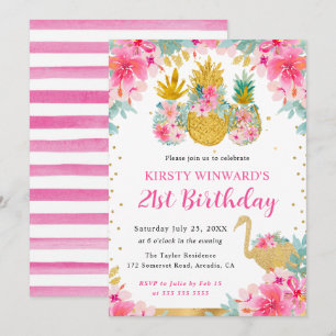 Rosa und goldene Ananas & Flamingo 21. Geburtstag Einladung