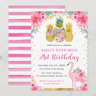 Rosa und goldene Ananas & Flamingo 21. Geburtstag Einladung
