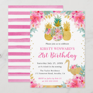 Rosa und goldene Ananas & Flamingo 21. Geburtstag Einladung