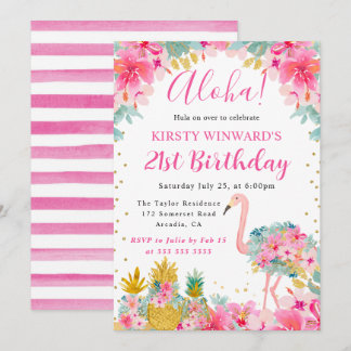 Rosa und goldene Ananas & Flamingo 21. Geburtstag Einladung